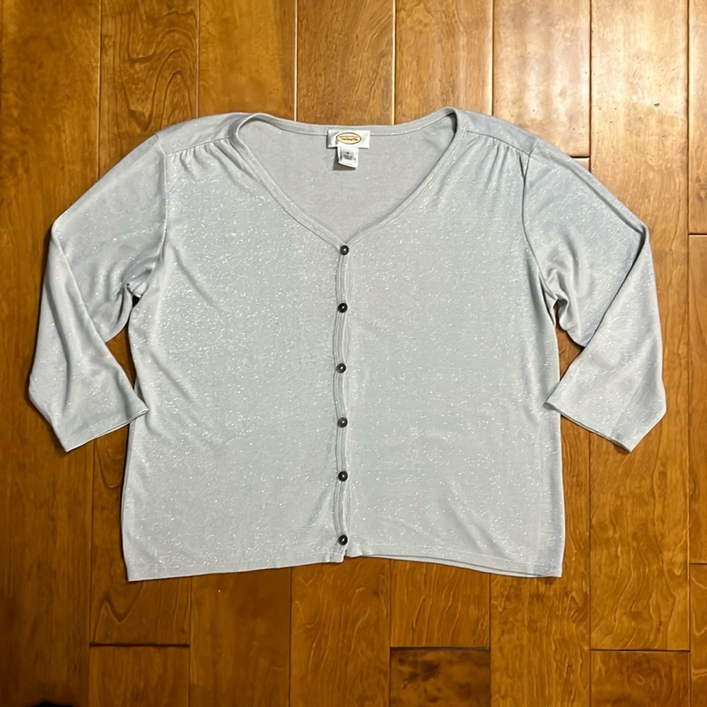 Talbots Button Down Silver Sparkle 3/4 Sleeve Cardigan Size M Event Holiday